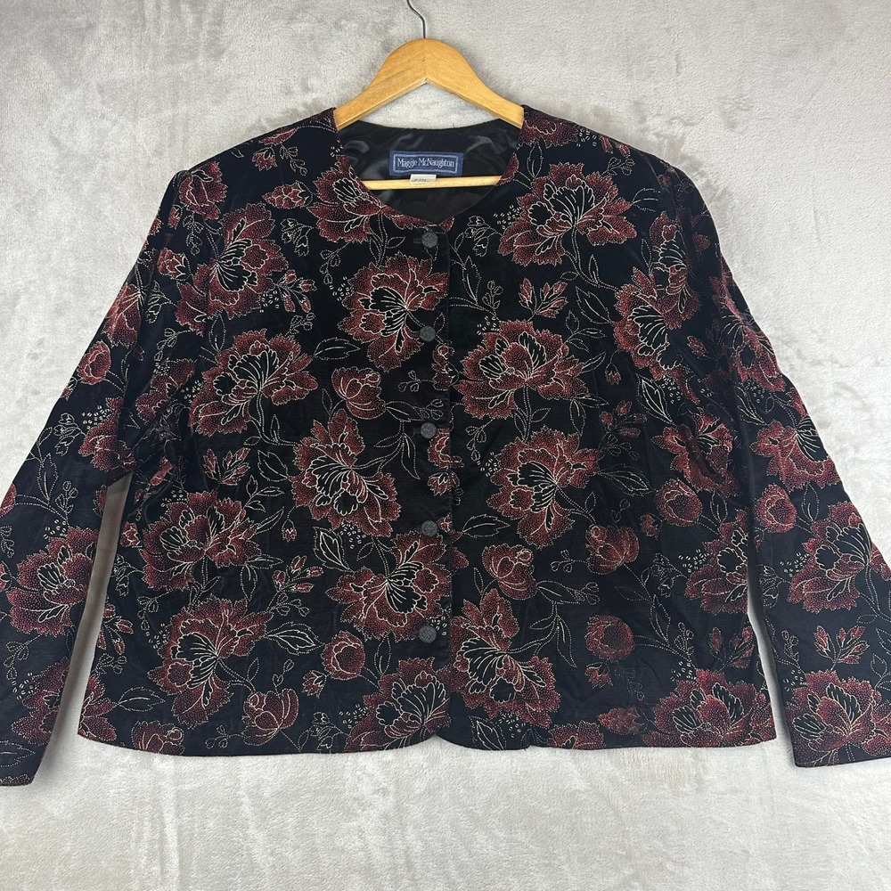 Maggie McNaughton 22W‎ Black Floral Velvet Blazer Jacket Made in USA Vintage